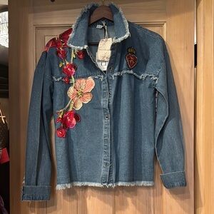 NWT - Coastal Bloom Custom Embroidered Denim Jacket with Floral Design